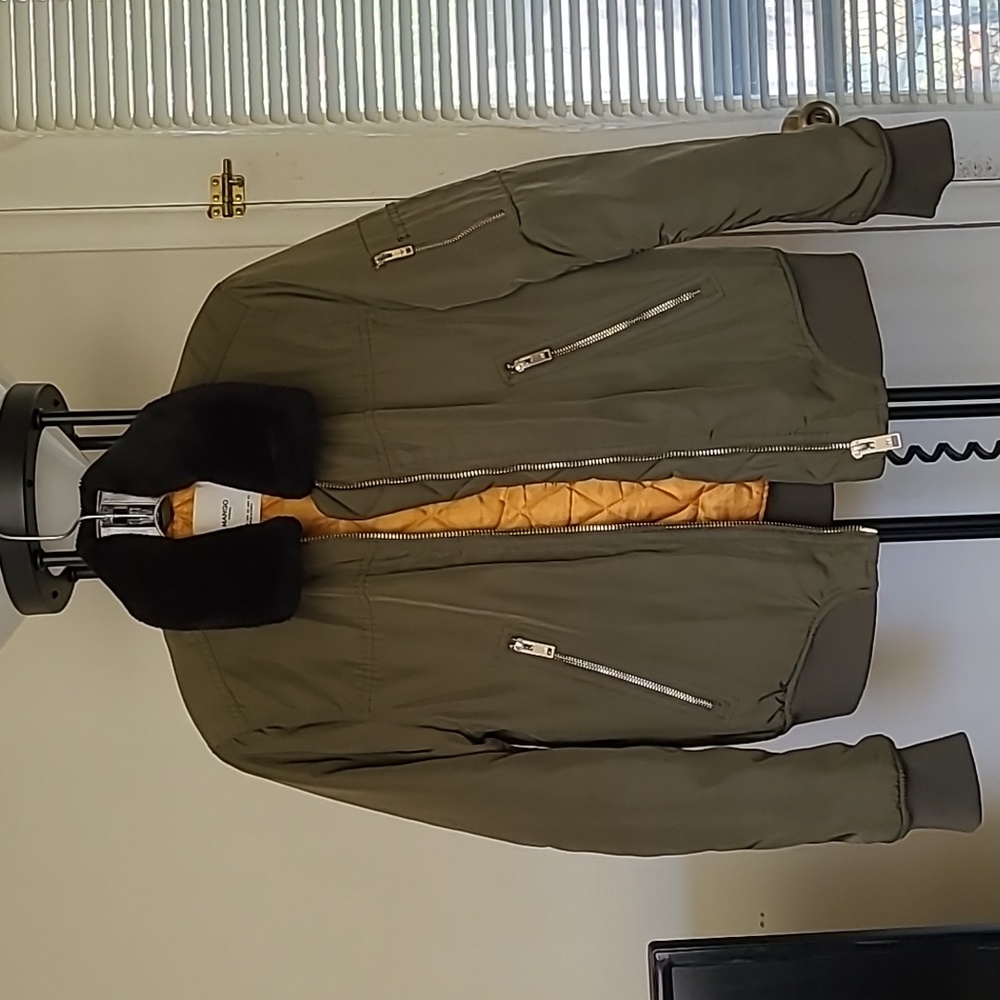 Mango Olive Green Bomber Jacket with Black Faux Fur Collar